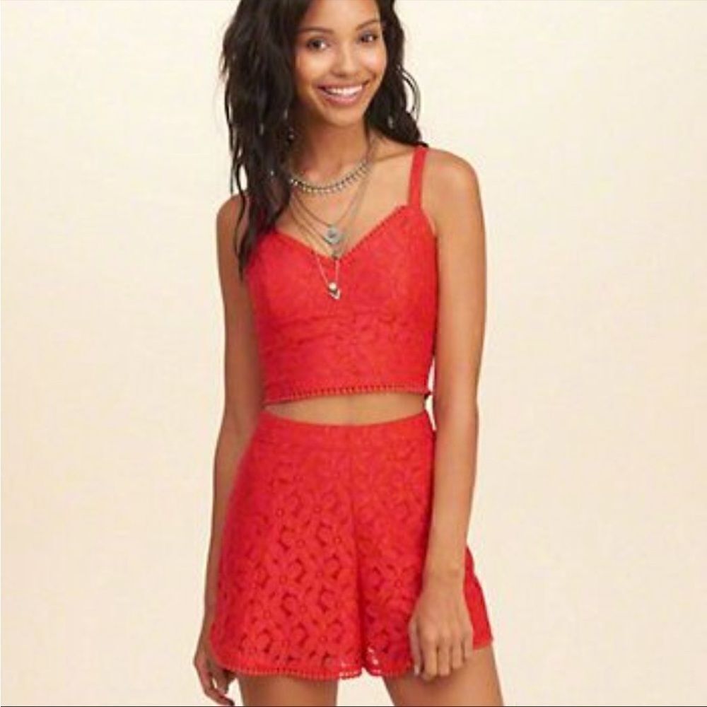 HOLLISTER Cherry Red Lace High Waisted Dress Shorts